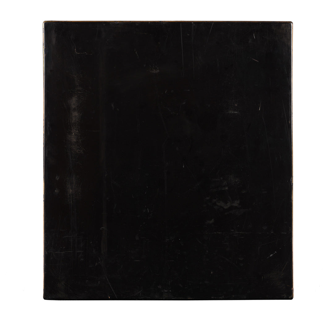 Back detail from a Gilt black lacquer Chinese export chinoiserie table cabinet. Antique & made in Canton. Similar to examples found in the Peabody Essex Museum. Exceptional quality | Indigo Antiques