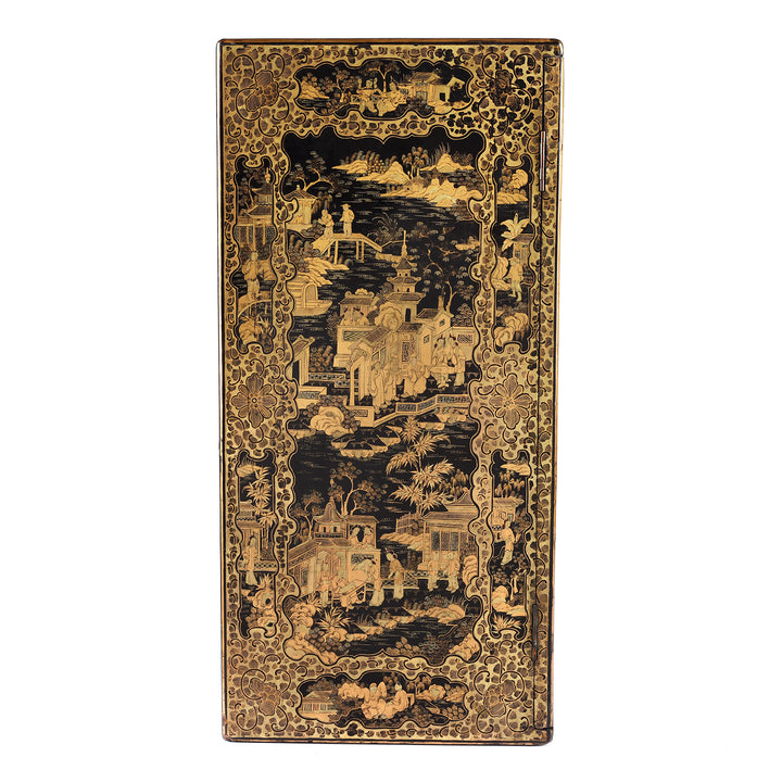 Side detail from a Gilt black lacquer Chinese export chinoiserie table cabinet. Antique & made in Canton. Similar to examples found in the Peabody Essex Museum. Exceptional quality | Indigo Antiques