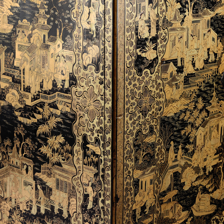 Corner detail from a Gilt black lacquer Chinese export chinoiserie table cabinet. Antique & made in Canton. Similar to examples found in the Peabody Essex Museum. Exceptional quality | Indigo Antiques