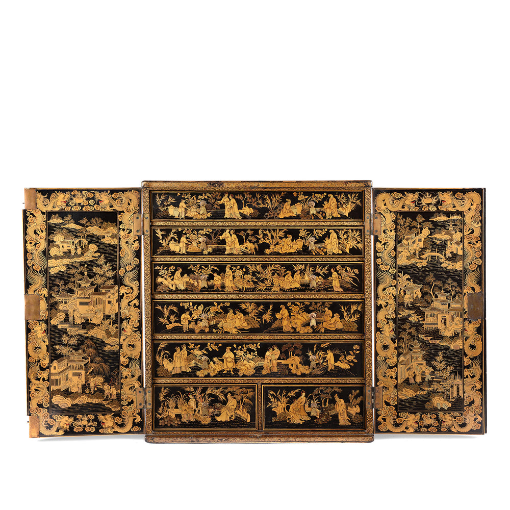 Open detail of an Gilt black lacquer Chinese export chinoiserie table cabinet. Antique & made in Canton. Similar to examples found in the Peabody Essex Museum. Exceptional quality | Indigo Antiques