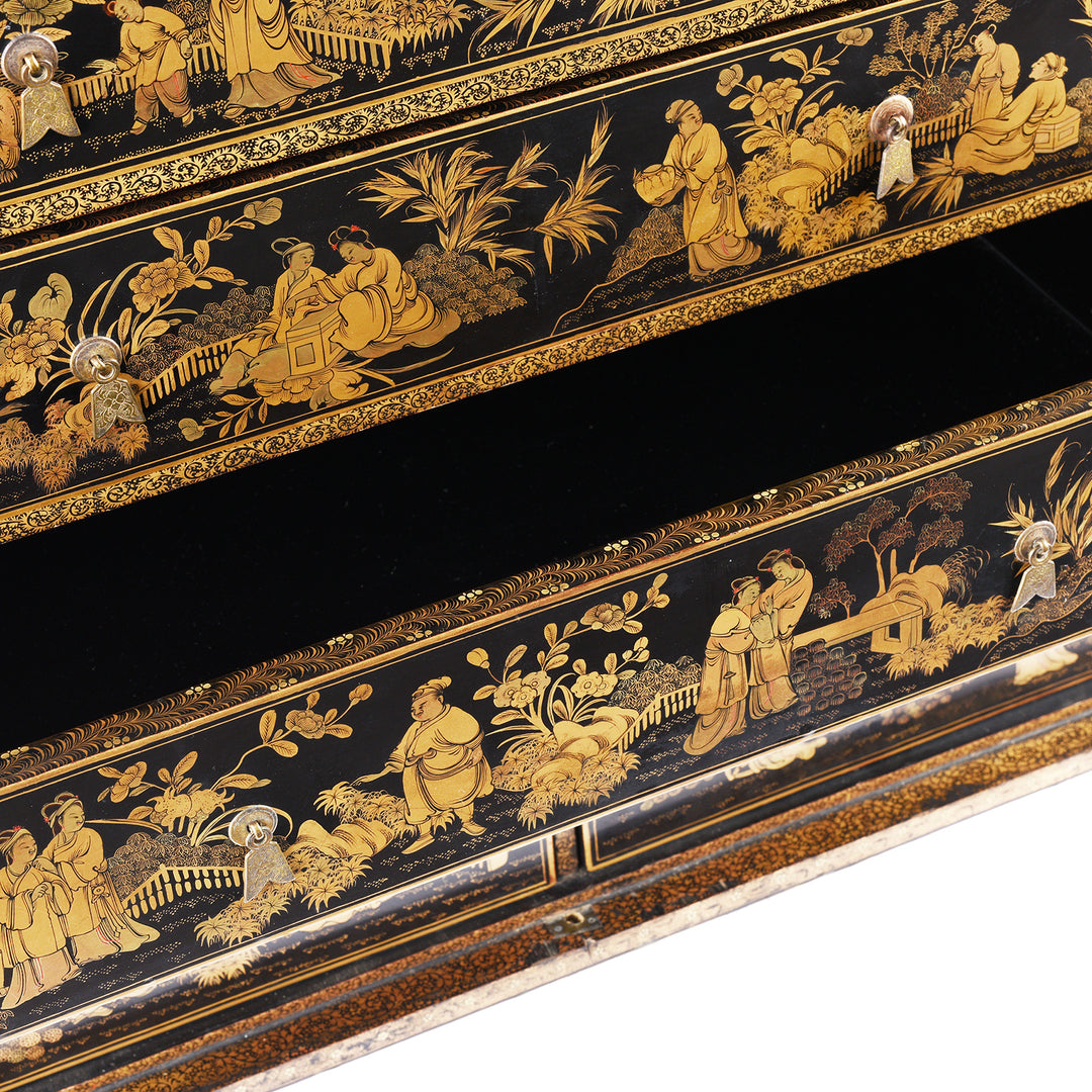 Drawer detail from a Gilt black lacquer Chinese export chinoiserie table cabinet. Antique & made in Canton. Similar to examples found in the Peabody Essex Museum. Exceptional quality | Indigo Antiques