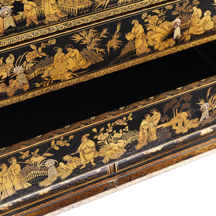 Drawer detail from a Gilt black lacquer Chinese export chinoiserie table cabinet. Antique & made in Canton. Similar to examples found in the Peabody Essex Museum. Exceptional quality | Indigo Antiques