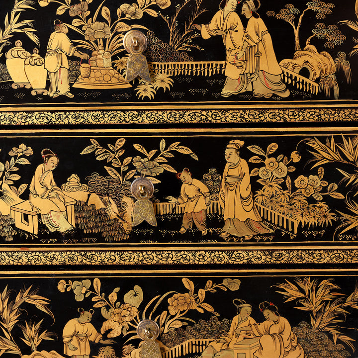 Chinese figure detail from a Gilt black lacquer Chinese export chinoiserie table cabinet. Antique & made in Canton. Similar to examples found in the Peabody Essex Museum. Exceptional quality | Indigo Antiques