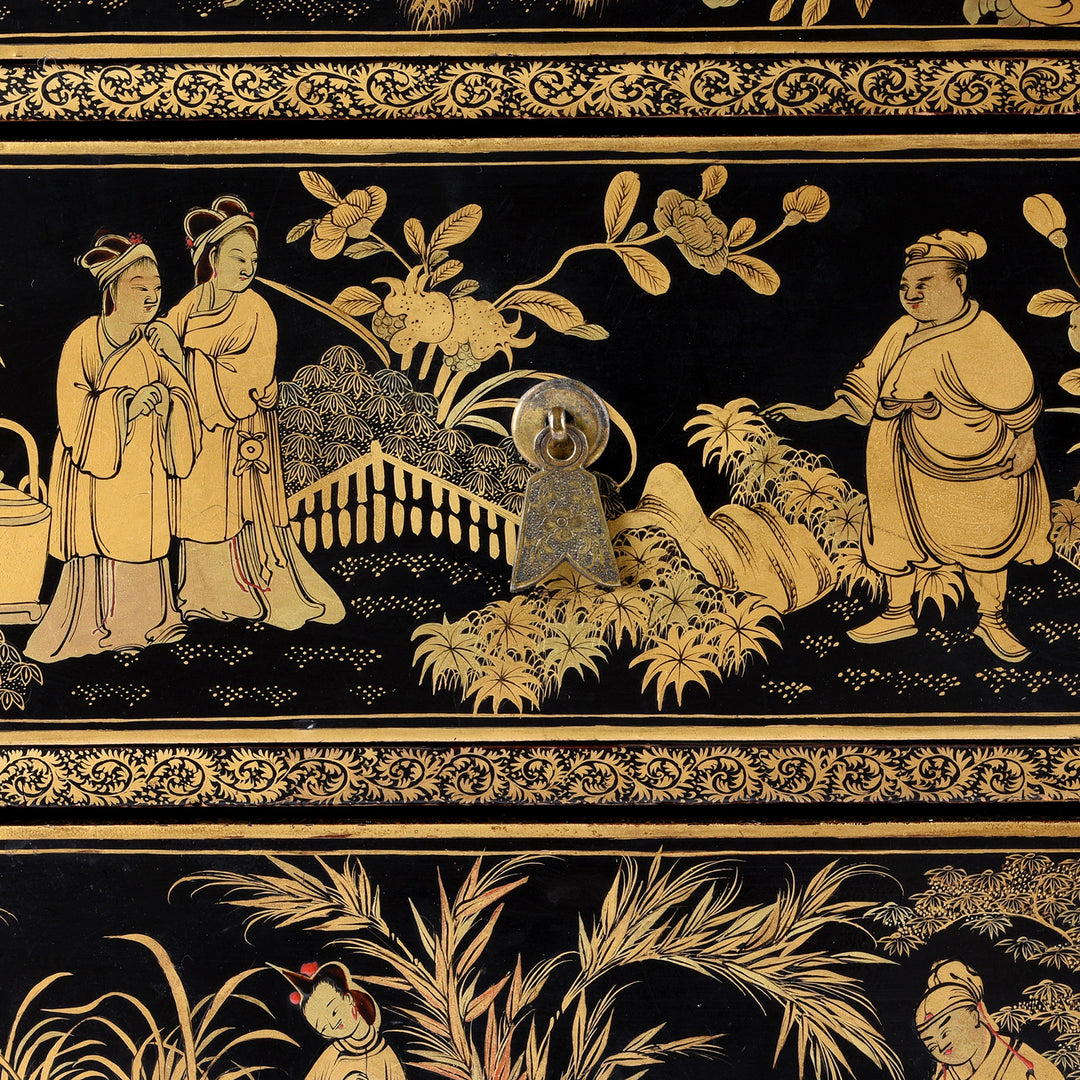 Chinese figure detail from a Gilt black lacquer Chinese export chinoiserie table cabinet. Antique & made in Canton. Similar to examples found in the Peabody Essex Museum. Exceptional quality | Indigo Antiques