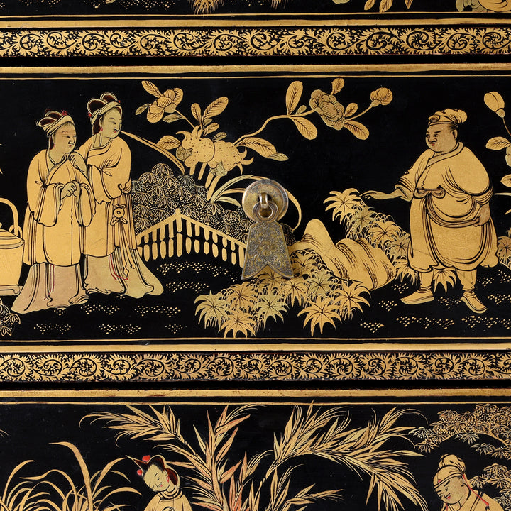 Chinese figure detail from a Gilt black lacquer Chinese export chinoiserie table cabinet. Antique & made in Canton. Similar to examples found in the Peabody Essex Museum. Exceptional quality | Indigo Antiques