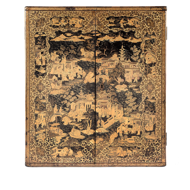 Gilt black lacquer Chinese export chinoiserie table cabinet. Antique & made in Canton. Similar to examples found in the Peabody Essex Museum. Exceptional quality | Indigo Antiques