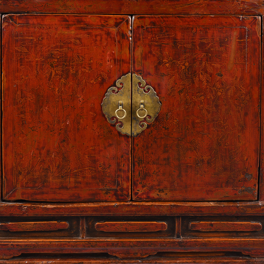 Doors Detail From Antique Red Lacquer Book Cabinet From Shanxi Province - 19th Century | Indigo Antiques