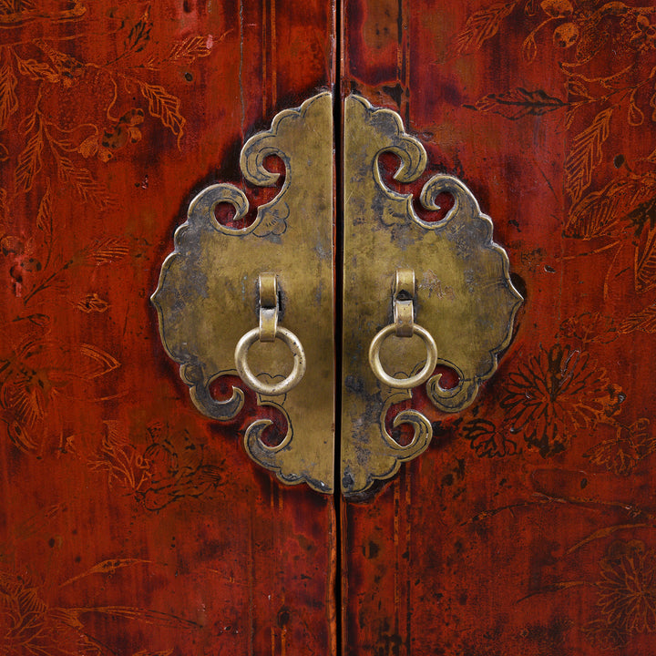 Metalwork Detail From Antique Red Lacquer Book Cabinet From Shanxi Province - 19th Century | Indigo Antiques