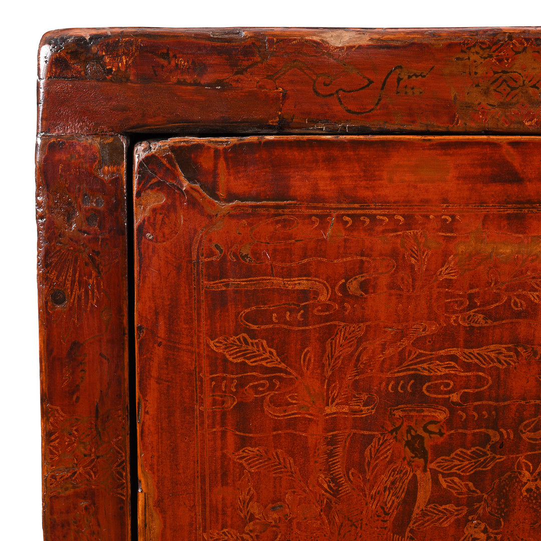Corner Detail From Antique Red Lacquer Book Cabinet From Shanxi Province - 19th Century | Indigo Antiques