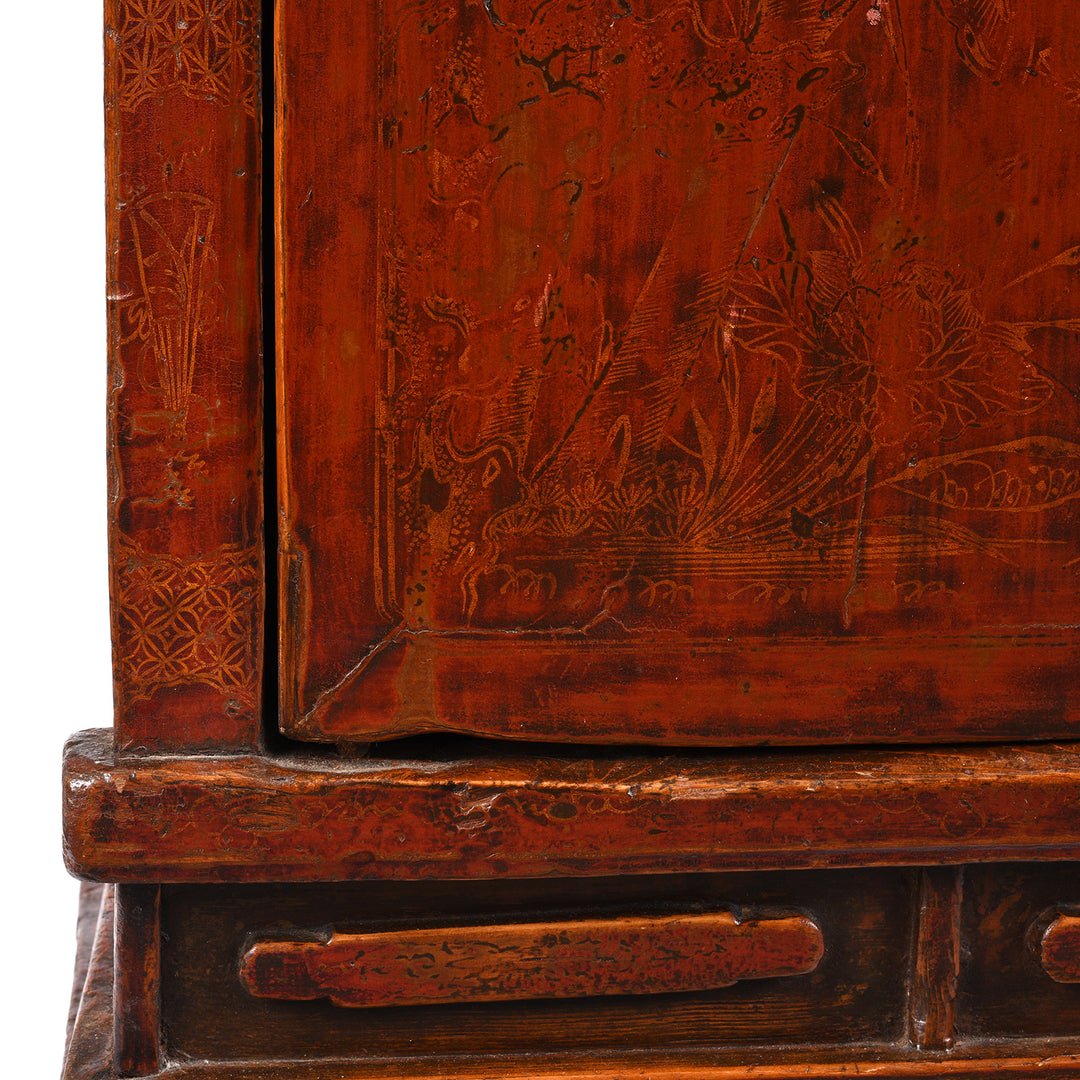Paintwork Detail From Antique Red Lacquer Book Cabinet From Shanxi Province - 19th Century | Indigo Antiques