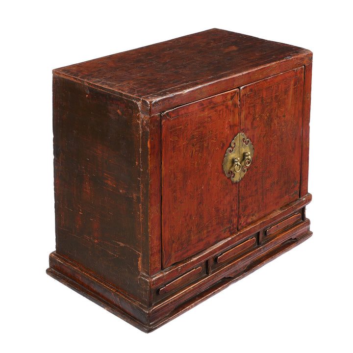 Angled View Of Antique Red Lacquer Book Cabinet From Shanxi Province - 19th Century | Indigo Antiques