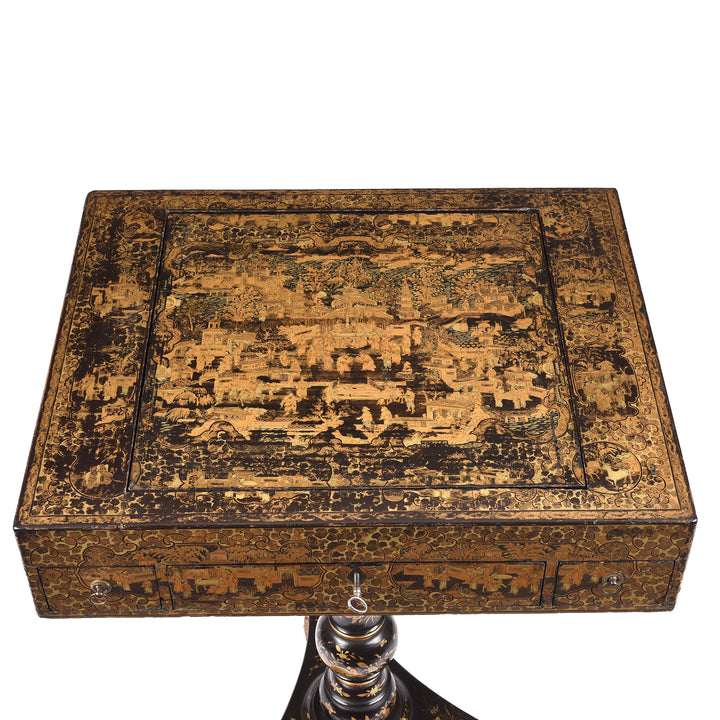 Detail From Antique Black Lacquer Export Chinoiserie Games Table - 19th Century| Indigo Antiques