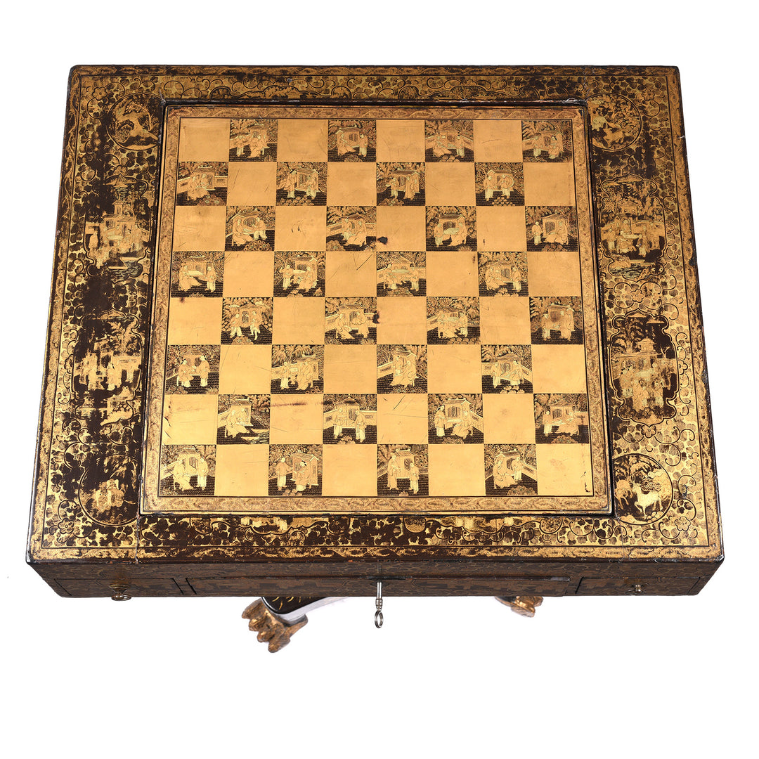 Top Down View Of Antique Black Lacquer Export Chinoiserie Games Table - 19th Century| Indigo Antiques