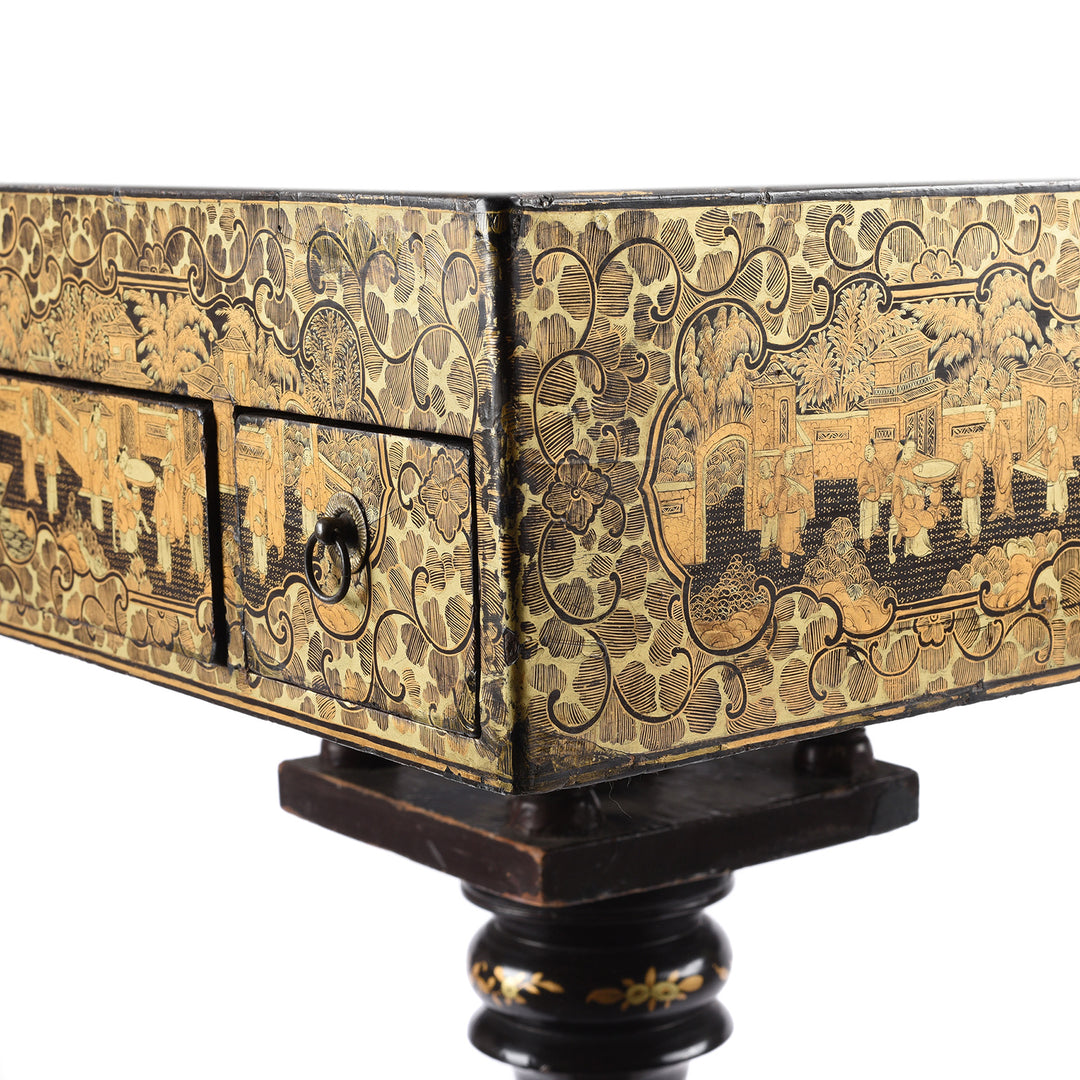 Corner Detail From Antique Black Lacquer Export Chinoiserie Games Table - 19th Century| Indigo Antiques