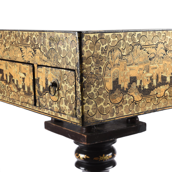 Corner Detail From Antique Black Lacquer Export Chinoiserie Games Table - 19th Century| Indigo Antiques