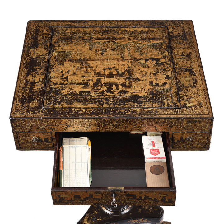 Drawer Detail From Antique Black Lacquer Export Chinoiserie Games Table - 19th Century| Indigo Antiques
