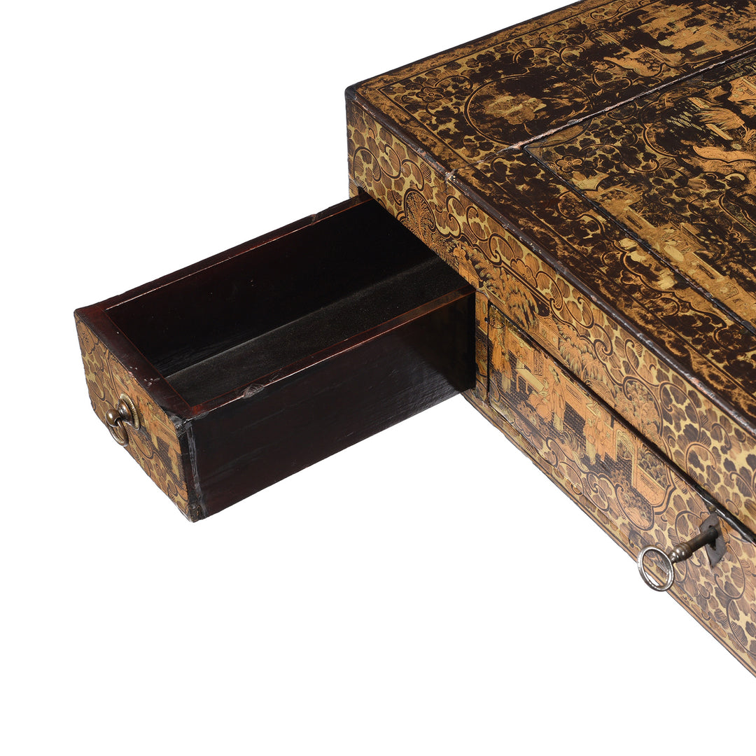 Drawer Detail From Antique Black Lacquer Export Chinoiserie Games Table - 19th Century| Indigo Antiques