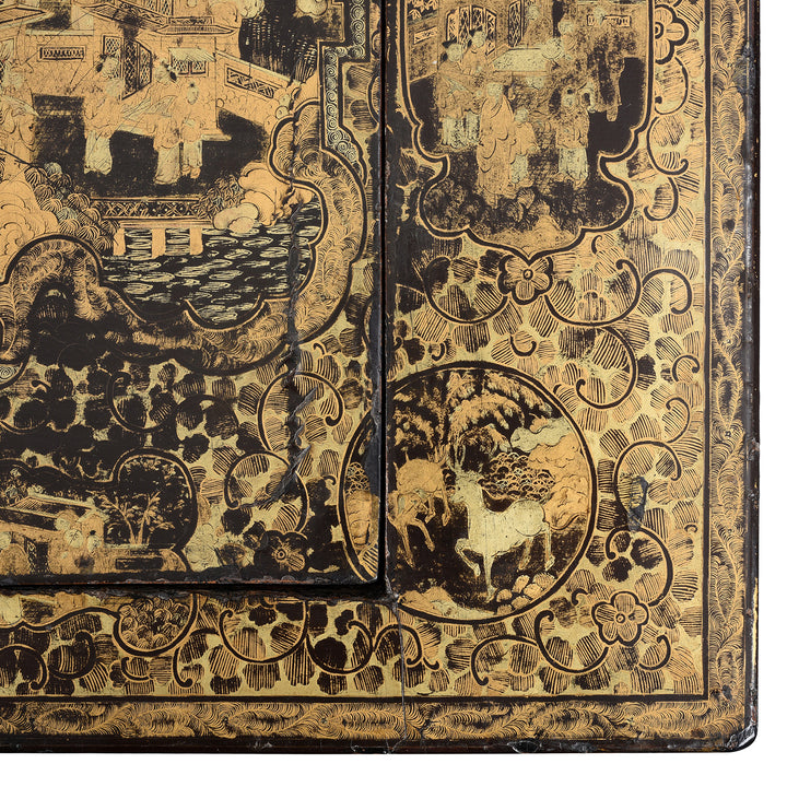 Detail From Antique Black Lacquer Export Chinoiserie Games Table - 19th Century| Indigo Antiques