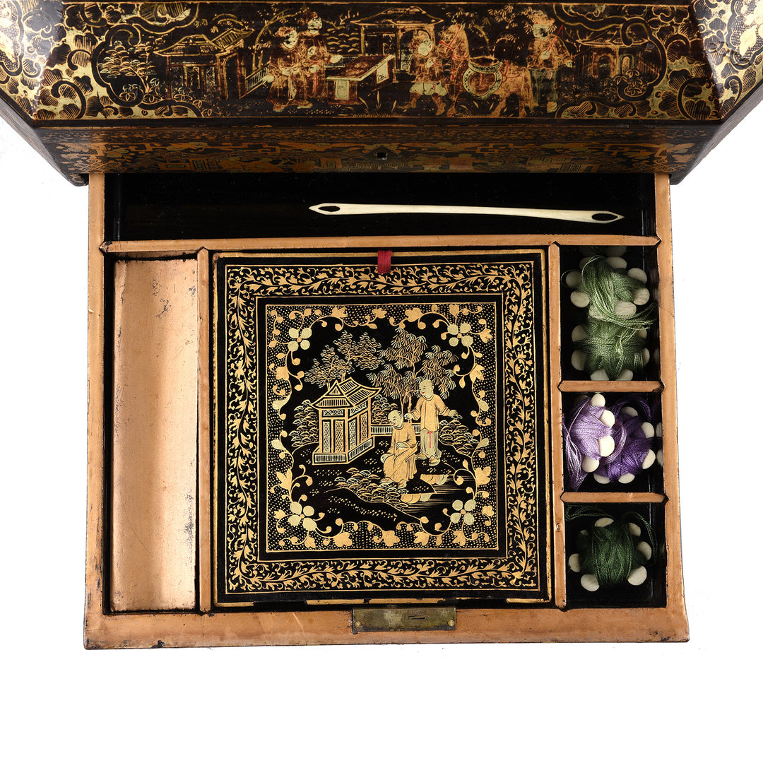 Drawer Detail From Chinoiserie Lacquer Sewing Box - Qing Dynasty Early 19th Century | Indigo Antiques