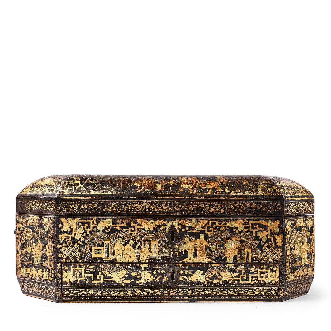 Frontal View Of Chinoiserie Lacquer Sewing Box - Qing Dynasty Early 19th Century | Indigo Antiques