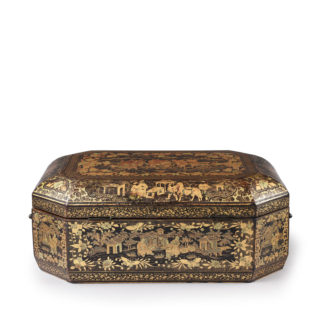 Back Detail From Antique Chinoiserie Lacquer Sewing Box - Qing Dynasty Early 19th Century | Indigo Antiques