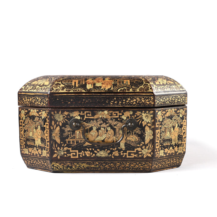 End View Of Antique Chinoiserie Lacquer Sewing Box - Qing Dynasty Early 19th Century | Indigo Antiques