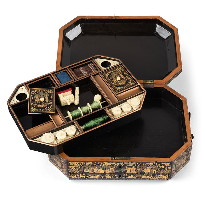 Interior Of Chinoiserie Lacquer Sewing Box - Qing Dynasty Early 19th Century | Indigo Antiques