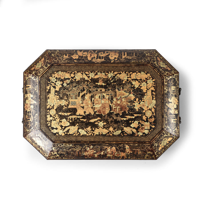 Top Down View Of Antique Chinoiserie Lacquer Sewing Box - Qing Dynasty Early 19th Century | Indigo Antiques