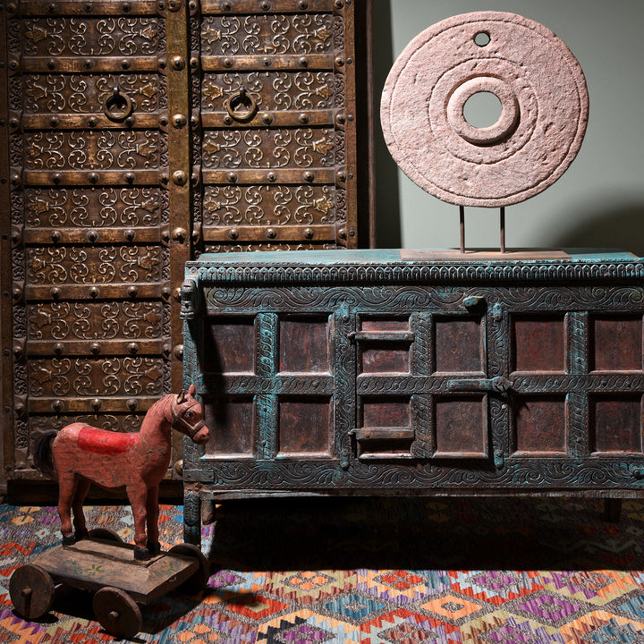 Lifestyle View Of Carved Teak Manjus Dowry Chest From Saurashtra - 19thC | Indigo Antiques