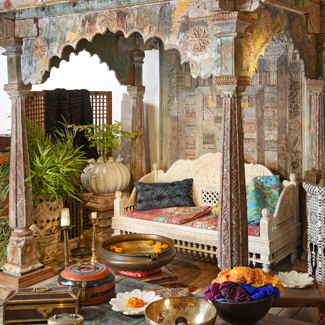 White washed limed Indian daybed in a painted Kutchi shrine setting | Indigo Antiques
