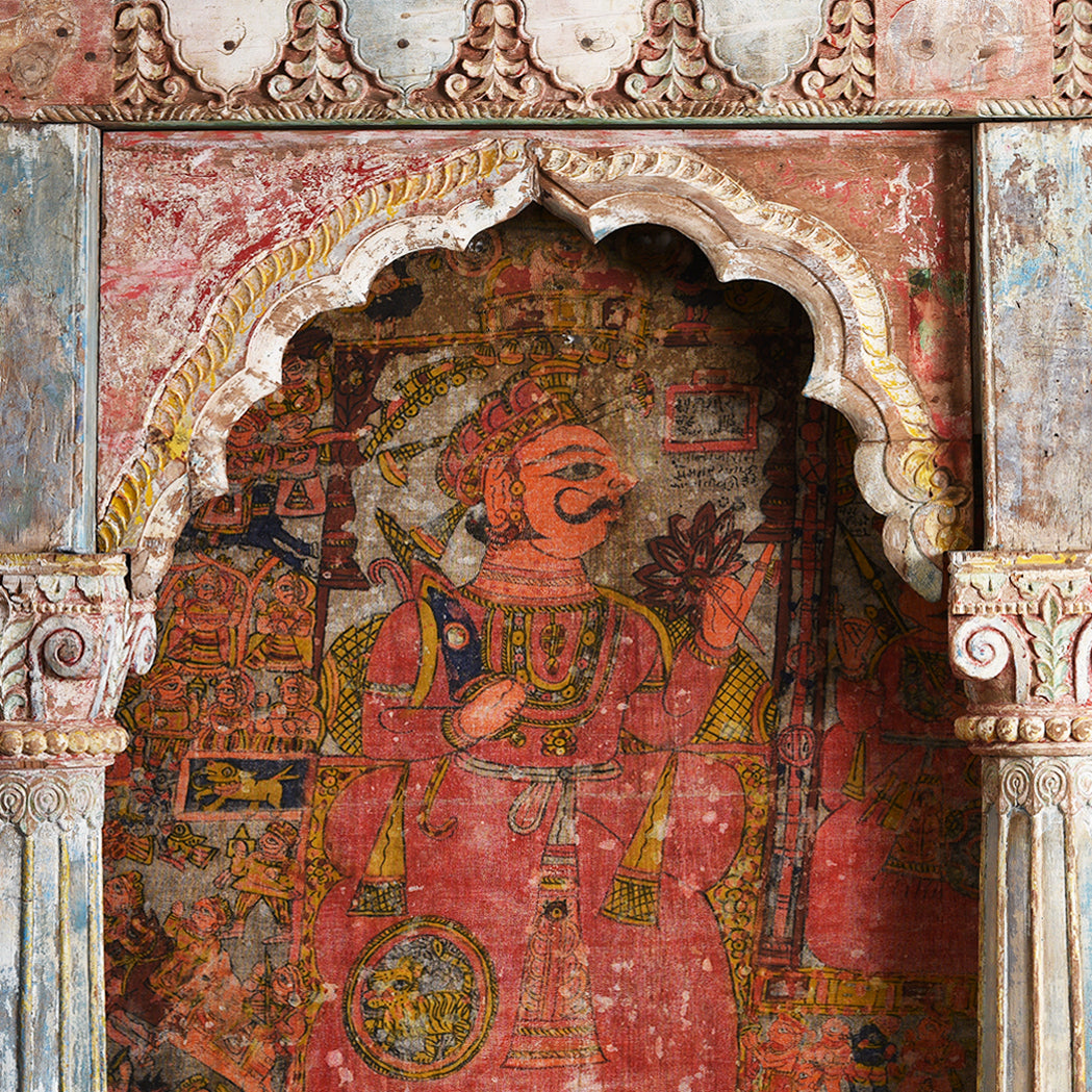 Carved Teak Triple Arch From Maharashtra - Late 19thC With Textile | Indigo Antiques