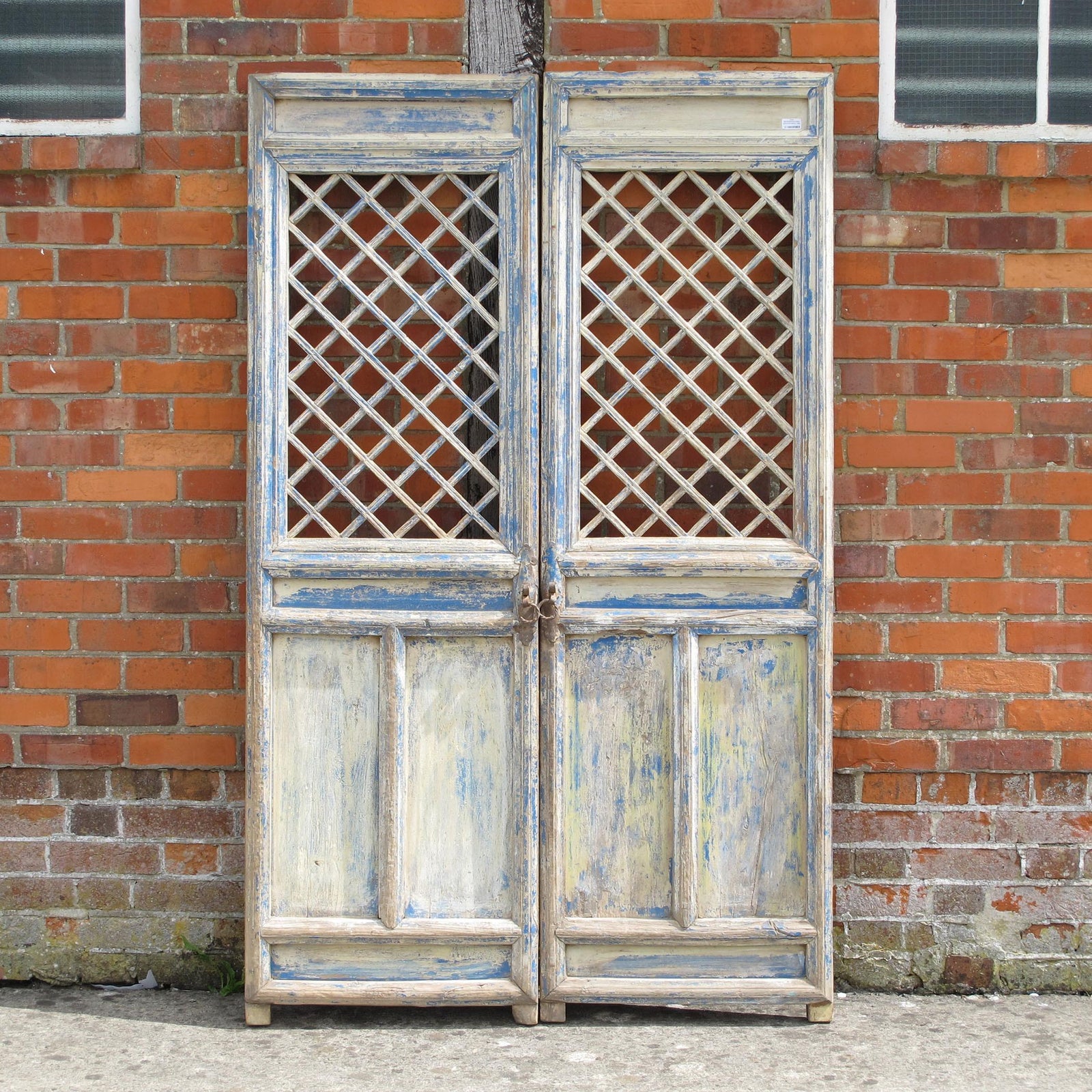 Blue Painted Pine Lattice Doors | Indigo Oriental Antiques