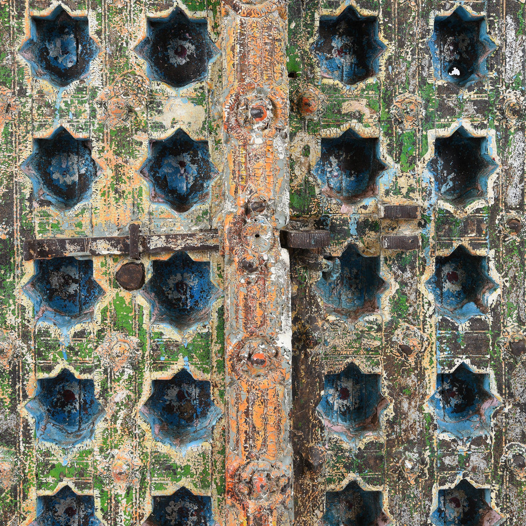 Metalwork Detail Of Carved & Painted Teak Window Shutter From South Rajasthan - 19thC | Indigo Antiques