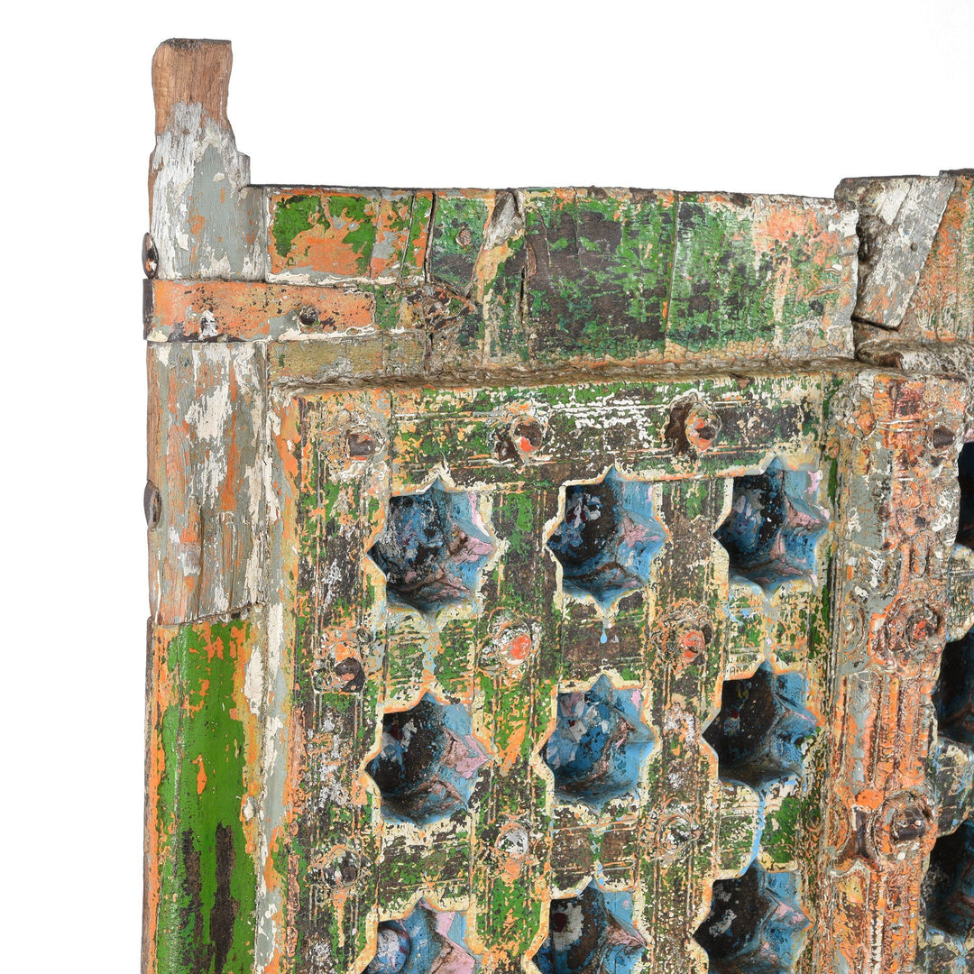 Corner Detail Of Carved & Painted Teak Window Shutter From South Rajasthan - 19thC | Indigo Antiques