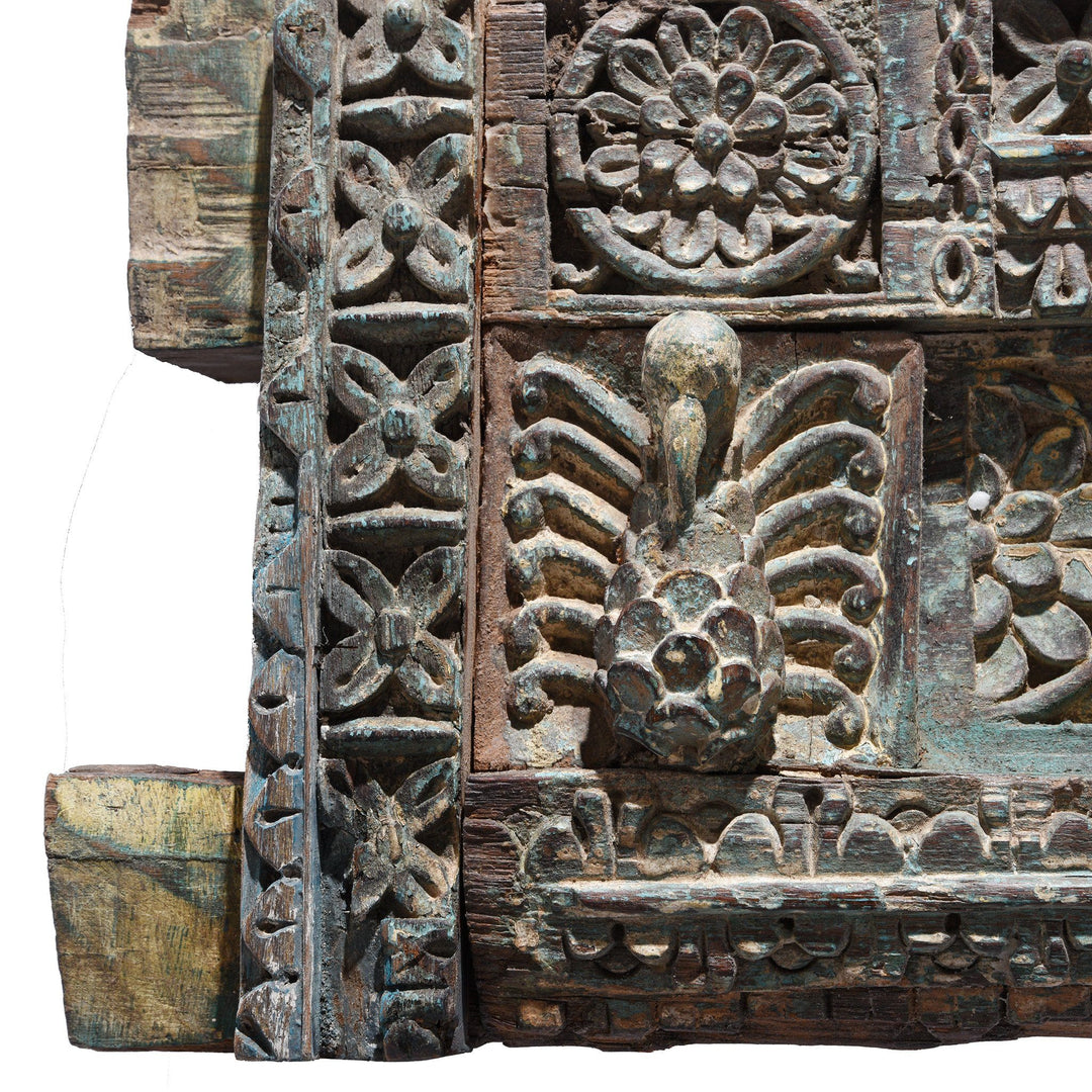 Carved Aqua Blue Teak Architectural Horse Panel With Horses - 19thC | Indigo Oriental Antiques