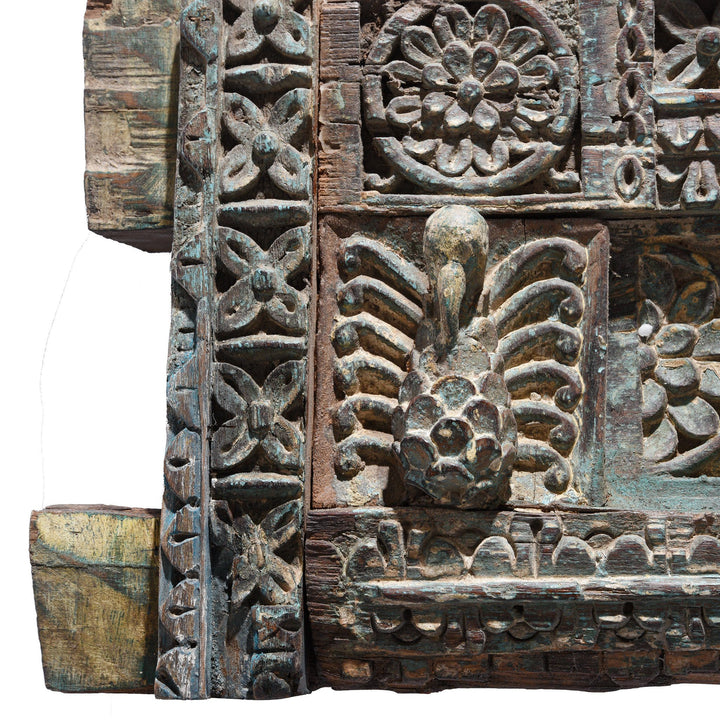 Carved Aqua Blue Teak Architectural Horse Panel With Horses - 19thC | Indigo Oriental Antiques