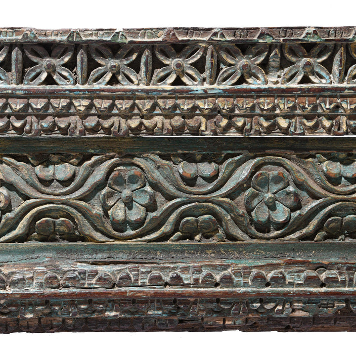 Carved Aqua Blue Teak Architectural Horse Panel With Horses - 19thC | Indigo Oriental Antiques