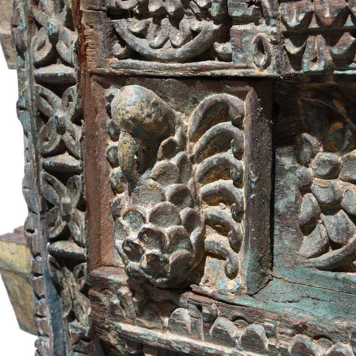 Carved Aqua Blue Teak Architectural Horse Panel With Horses - 19thC | Indigo Oriental Antiques