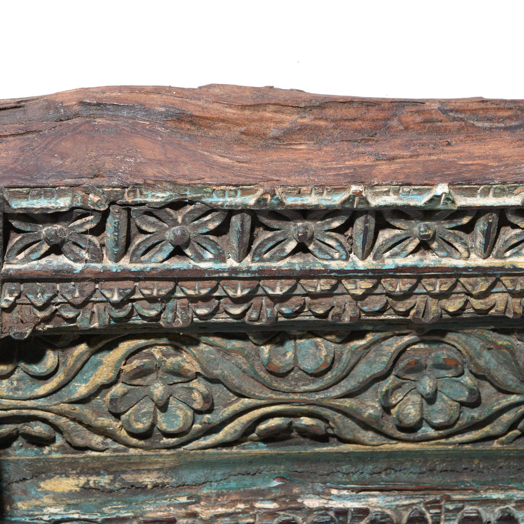 Carved Aqua Blue Teak Architectural Horse Panel With Horses - 19thC | Indigo Oriental Antiques