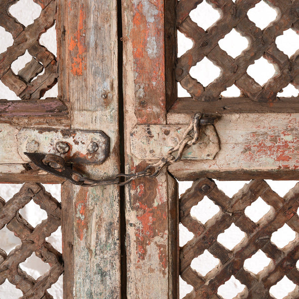 Carved Teak Jali Doors With Original Paint From Patan - 18thC