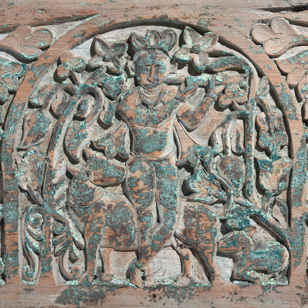 Detail of a Carved Indian Antique Teak Krishna Lintel Panel From Andra Pradesh - 19thC | Indigo Antiques