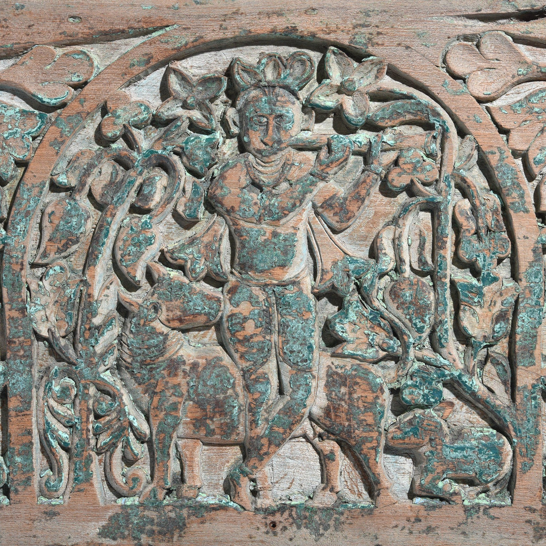 Detail of a Carved Indian Antique Teak Krishna Lintel Panel From Andra Pradesh - 19thC | Indigo Antiques