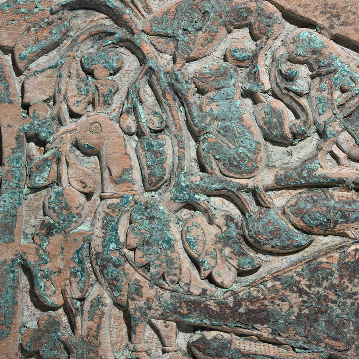 Peacock detail of a Carved Indian Antique Teak Krishna Lintel Panel From Andra Pradesh - 19thC | Indigo Antiques