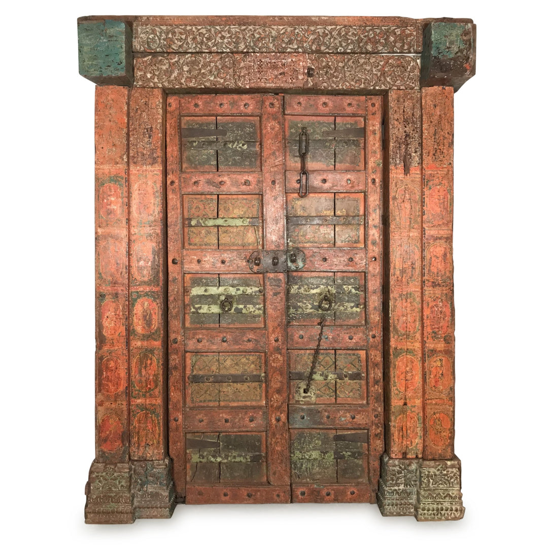 Old Painted Indian Door From Gujarat - 18thC | Indigo Oriental Antiques