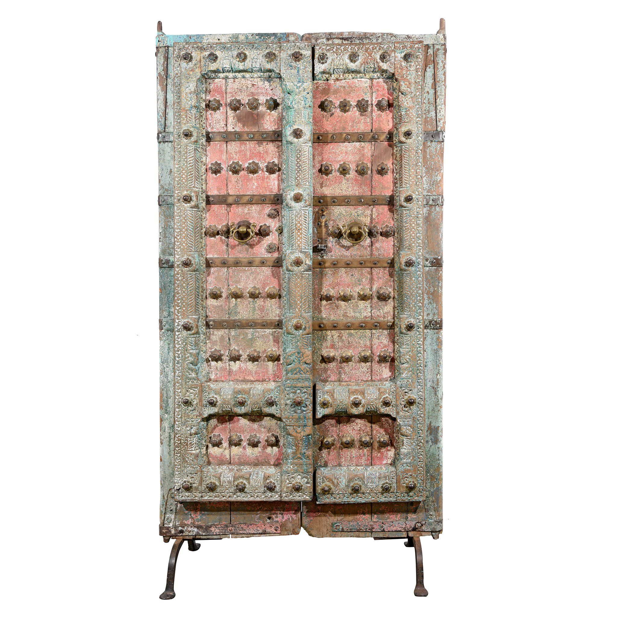 Painted Indian Door With Original Paint From Gujarat - 18thC | Indigo Antiques