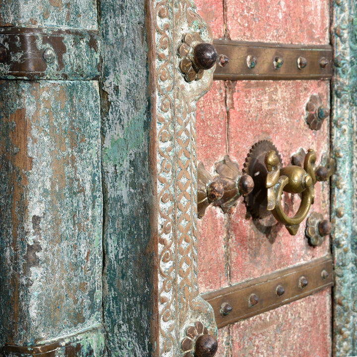 Painted Indian Door With Original Paint From Gujarat - 18thC | Indigo Antiques