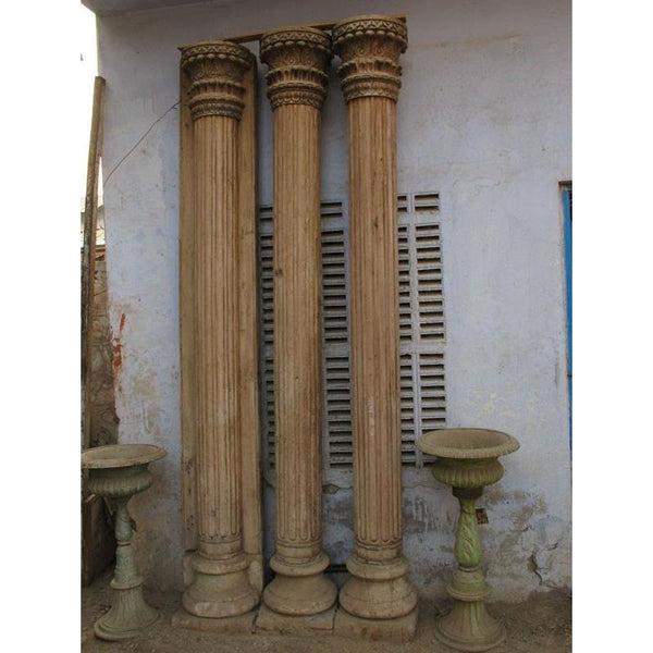 Teak Pillars With Stone Base From Gujarat (PAIR) - 19thC