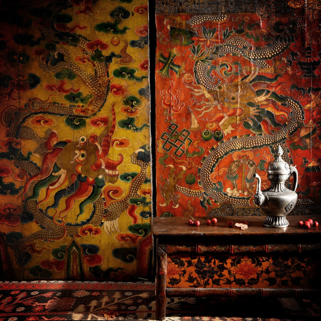 Antique Painted Tibetan Dragon Panels & Antique Choksar | Indigo Antiques