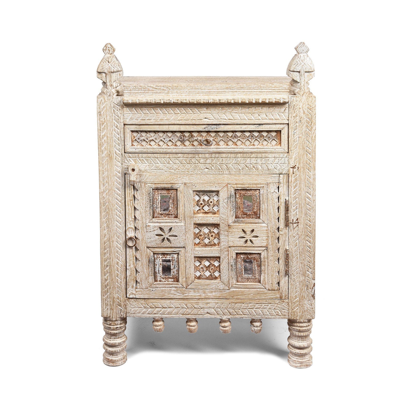 White Limed Indian Kutchi Bedside Cabinet Made from Sustainable Mango Wood | Indigo Antiques