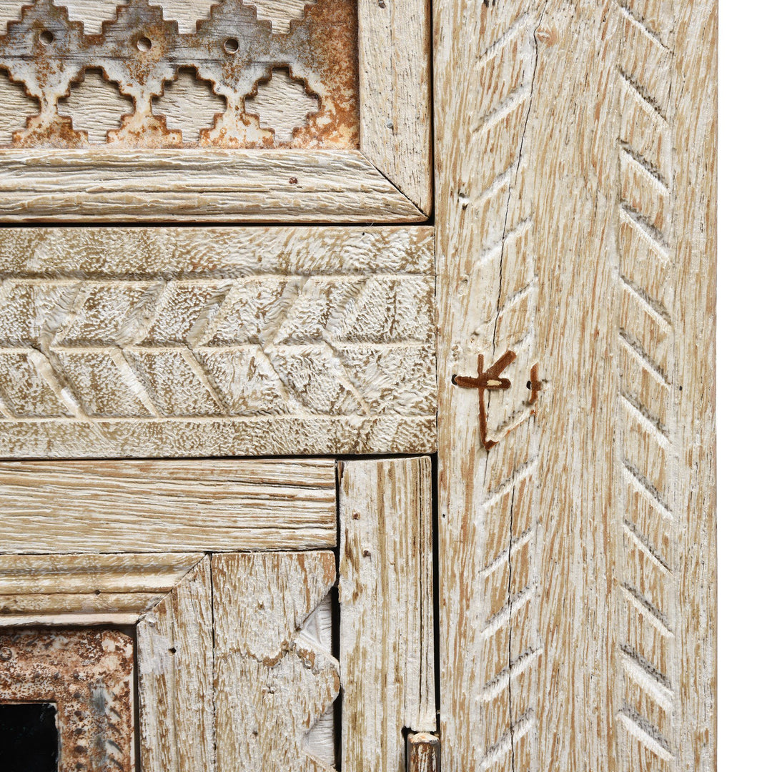 Carving Detail from a White Limed Indian Kutchi Bedside Cabinet Made from Sustainable Mango Wood | Indigo Antiques
